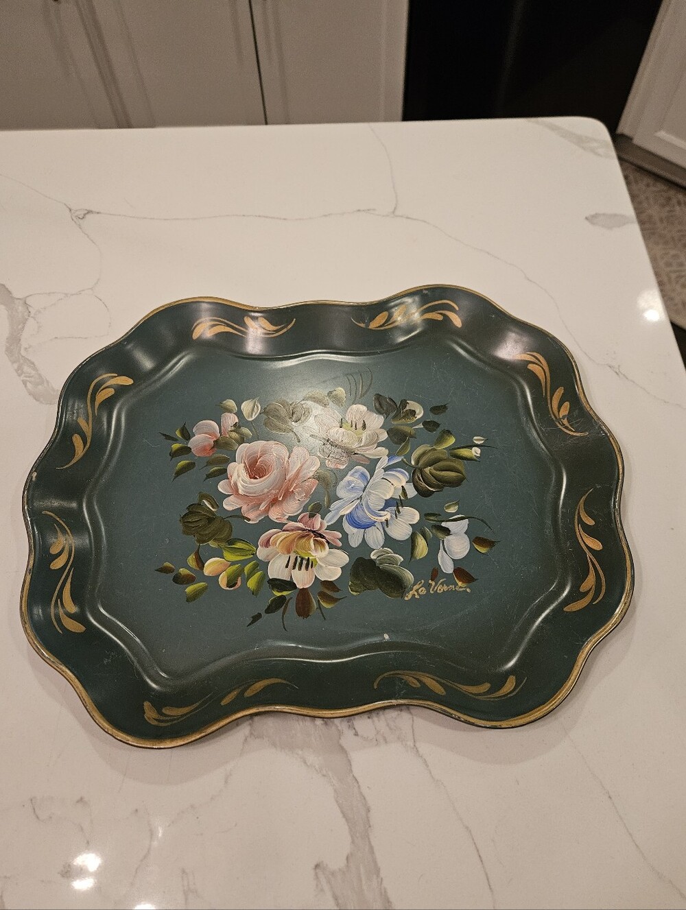 Nashco Hand Paint Metal Tray in Blue Green